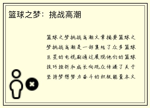 篮球之梦：挑战高潮
